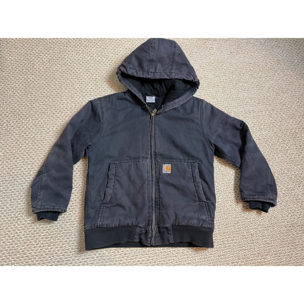Carhartt Kids M 10-12 Black Canvas Quilted Flannel Lined Hooded vintage Jacket